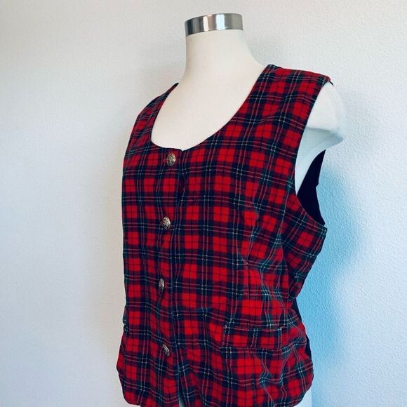 Vintage 1990s Red Velvet Plaid Novelty Vest XL Button Holiday Satin Black - Picture 2 of 5